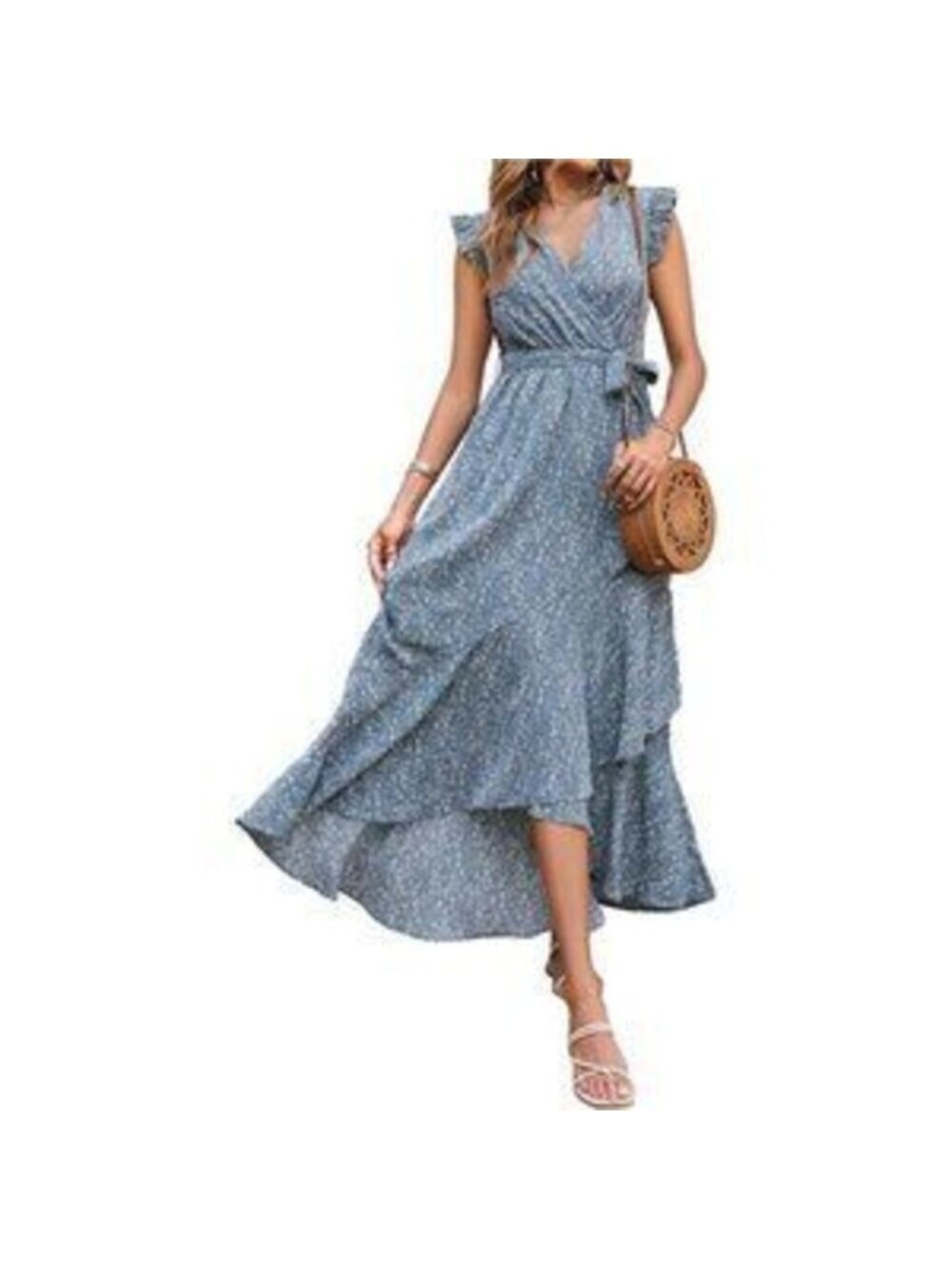 Women's Summer Dress Ruffle V Neck Belt Wrap Split Boho Floral Long Maxi Dress